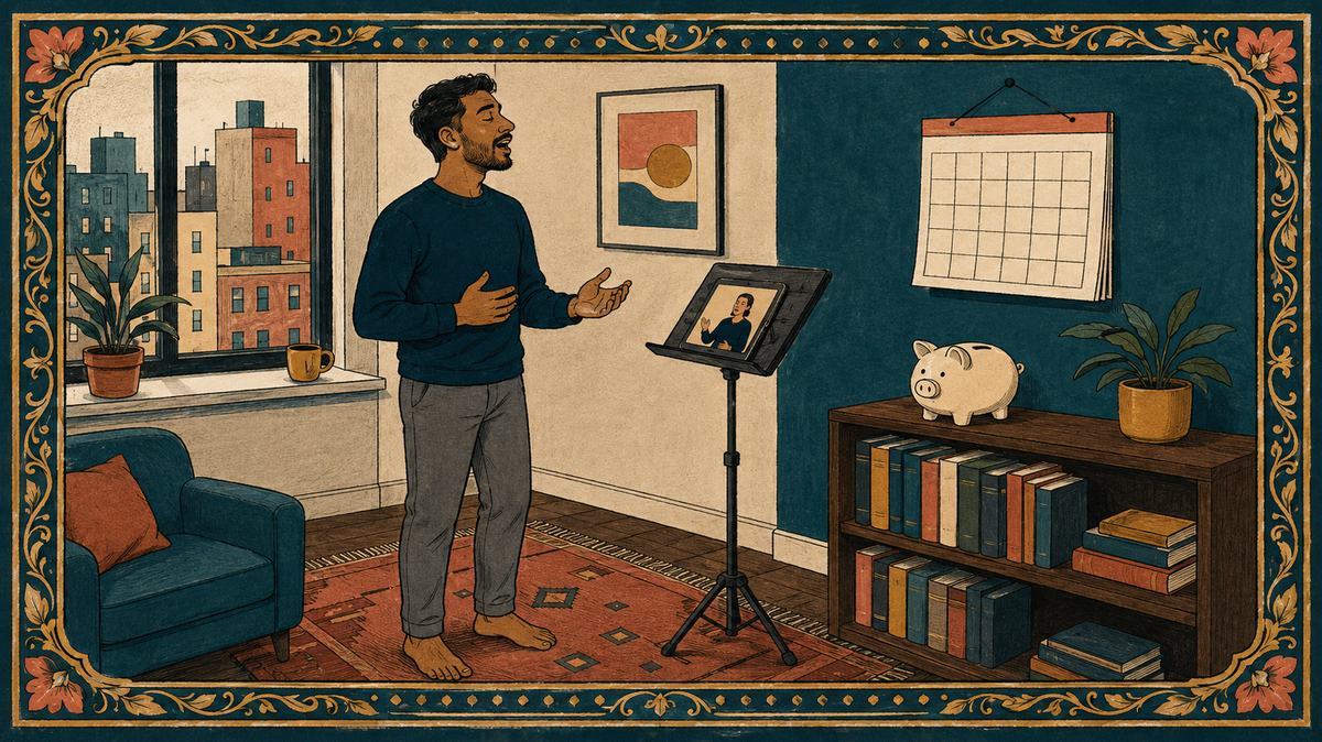 Illustration of a man singing in his apartment during an online voice lesson, teacher on a tablet, piggy bank on the shelf