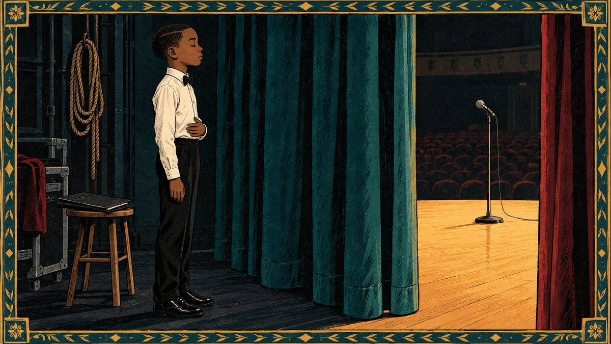 A boy in a white shirt and bow tie takes a slow breath backstage before walking onto a lit stage