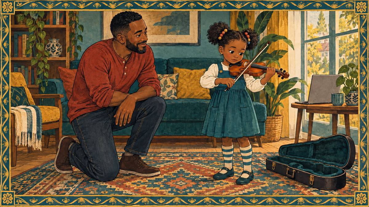 A father kneels to listen as his young daughter plays a small violin in their living room