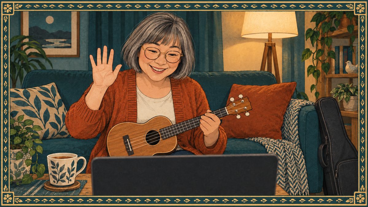 Illustration of a woman on her sofa waving hello to her new online teacher, ukulele on her lap