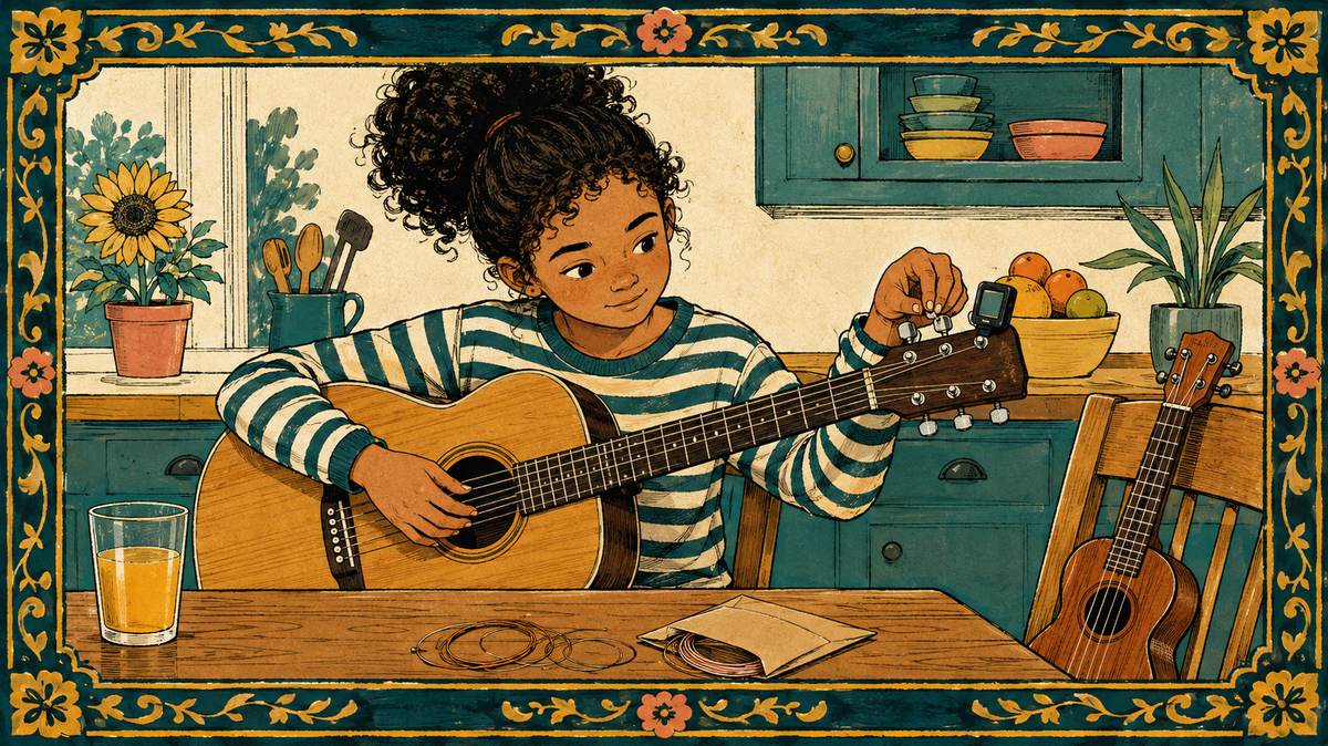A girl tunes an acoustic guitar with a clip-on tuner at a kitchen table, a ukulele on the chair