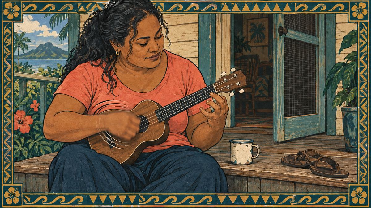 A woman on a porch step plays ukulele, strumming hand blurred mid swing where neck meets body