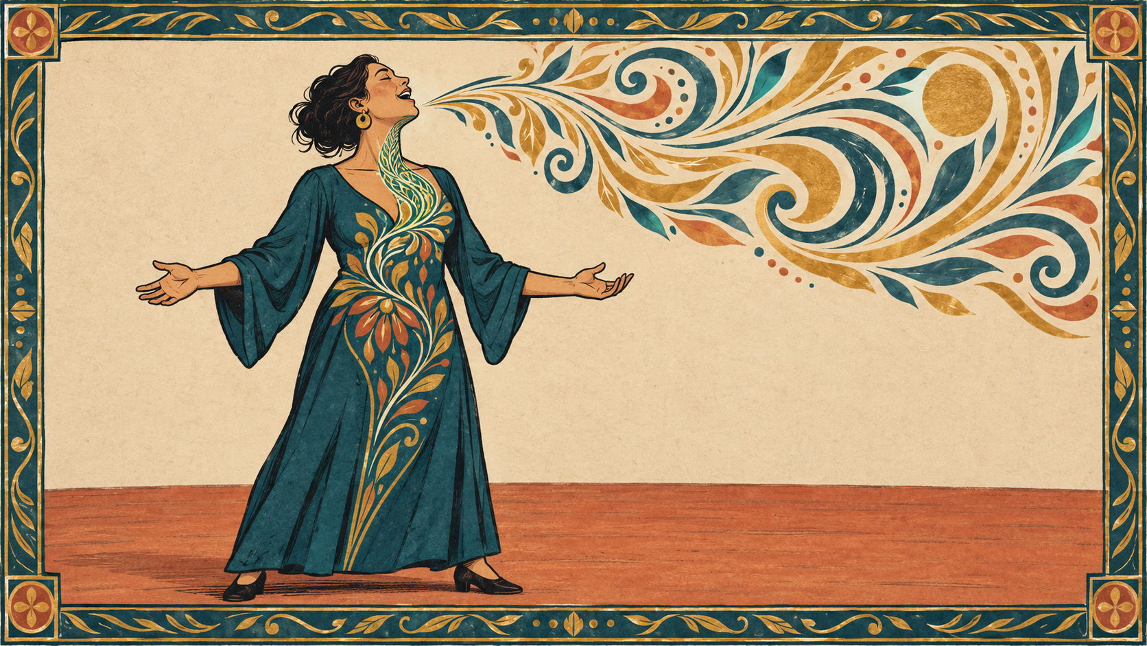 An illustrated singer in full voice, resonance drawn as pattern rising from chest to head