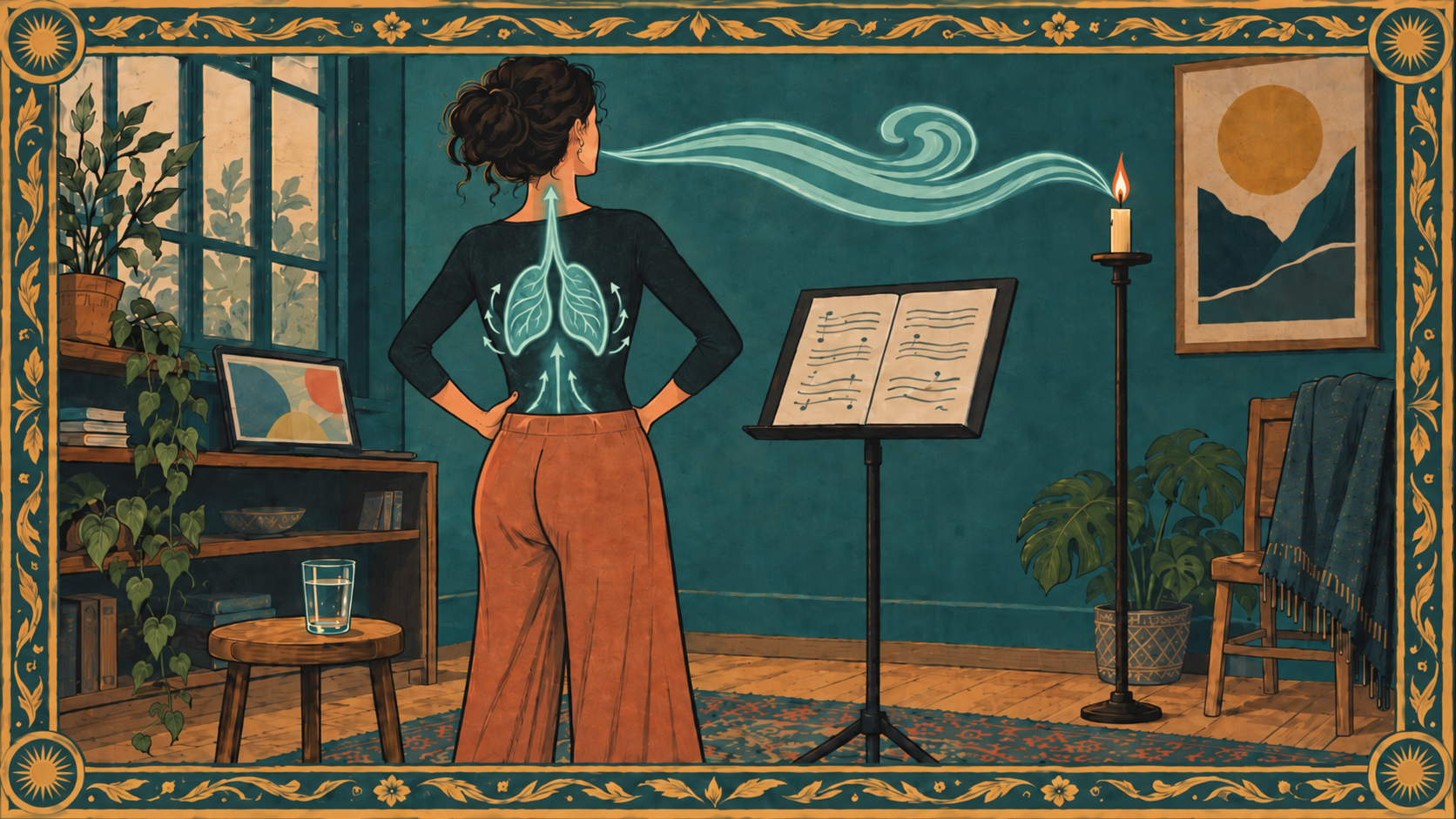 An illustrated singer with one hand on their ribs, the breath drawn as a ribbon of air rising