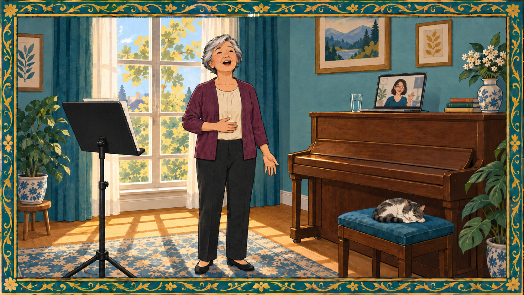 An illustrated older woman sings in her living room, hand on her belly, her teacher on a laptop