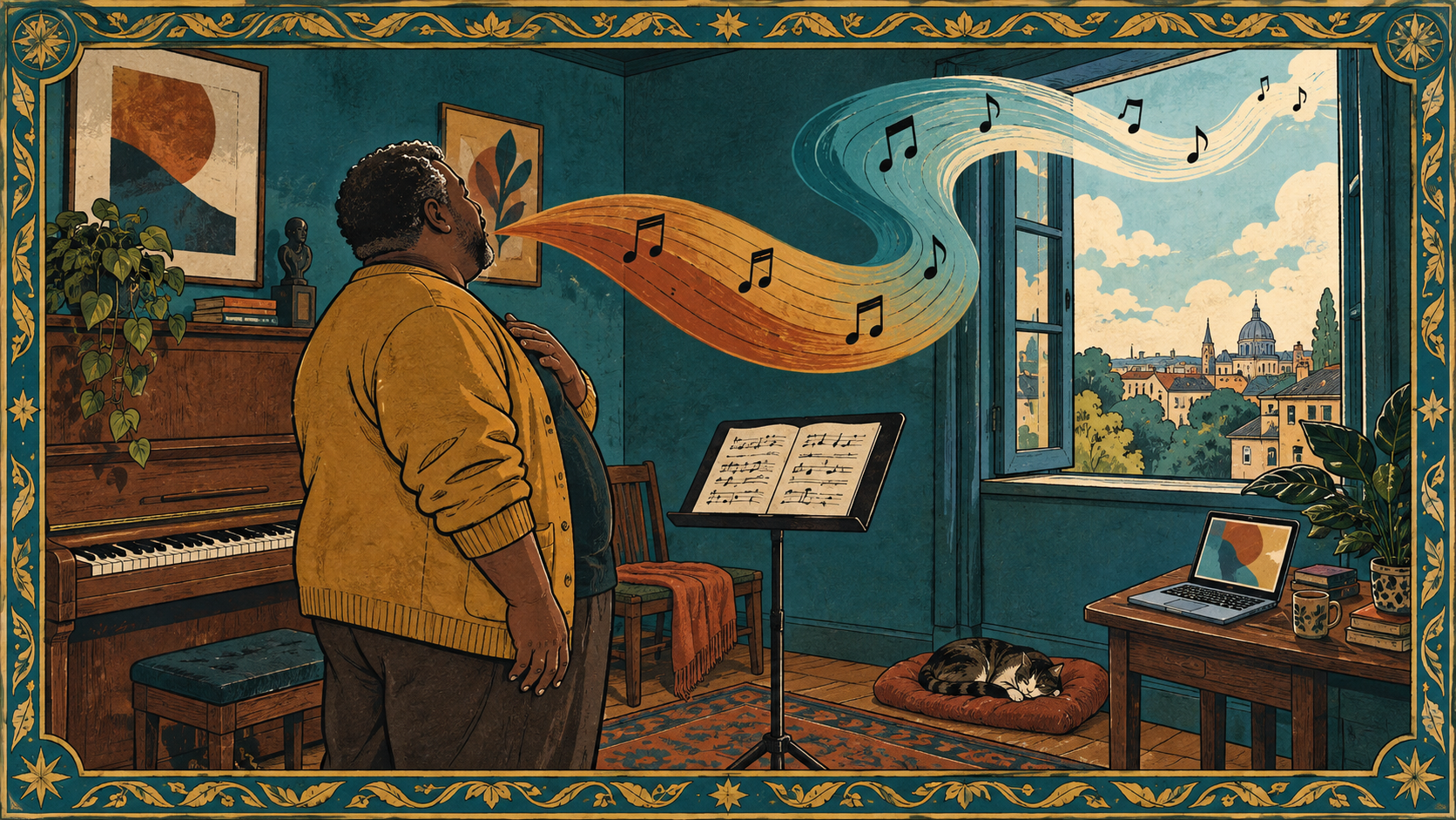 Illustrated singer from behind beside a tall column of stacked color bands