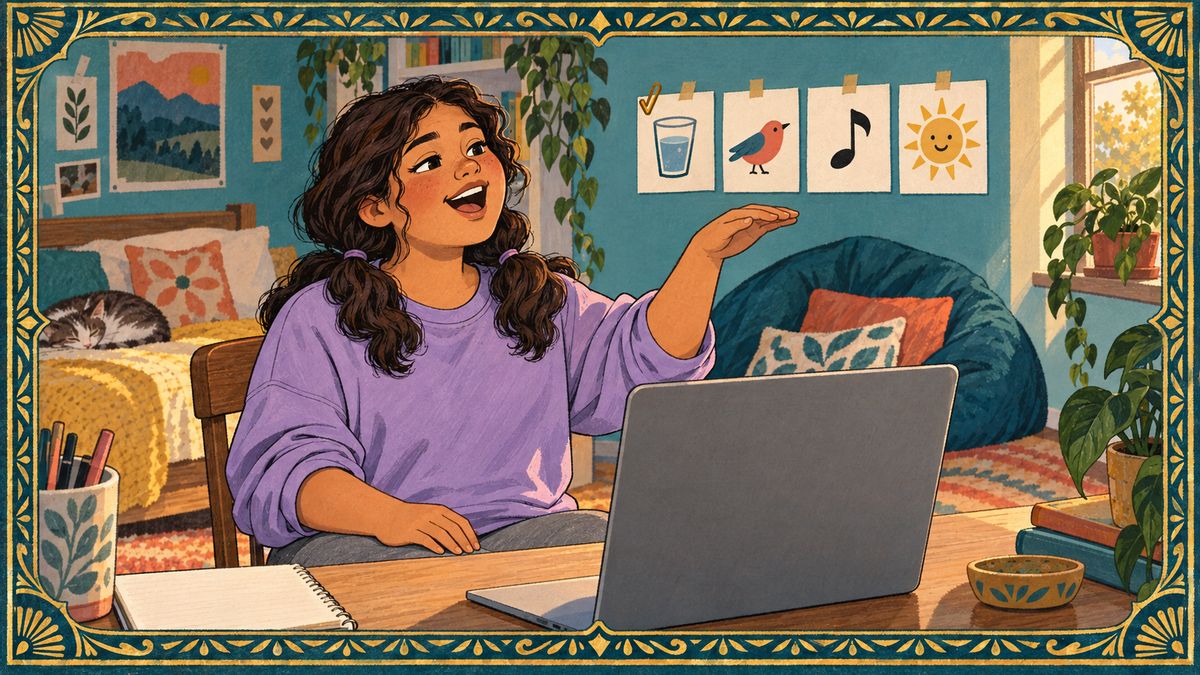 A teenage girl sings at her desk in an online voice lesson, with picture cards on the wall