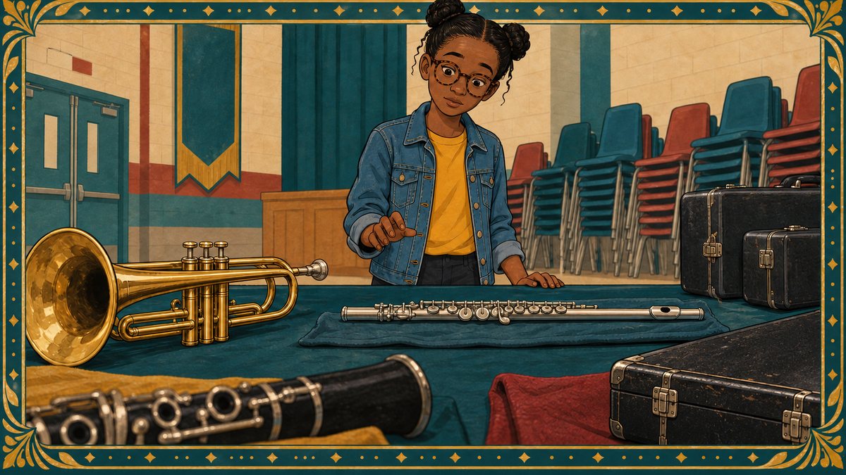 A girl reaches over a school instrument night table set with a trumpet, flute and clarinet