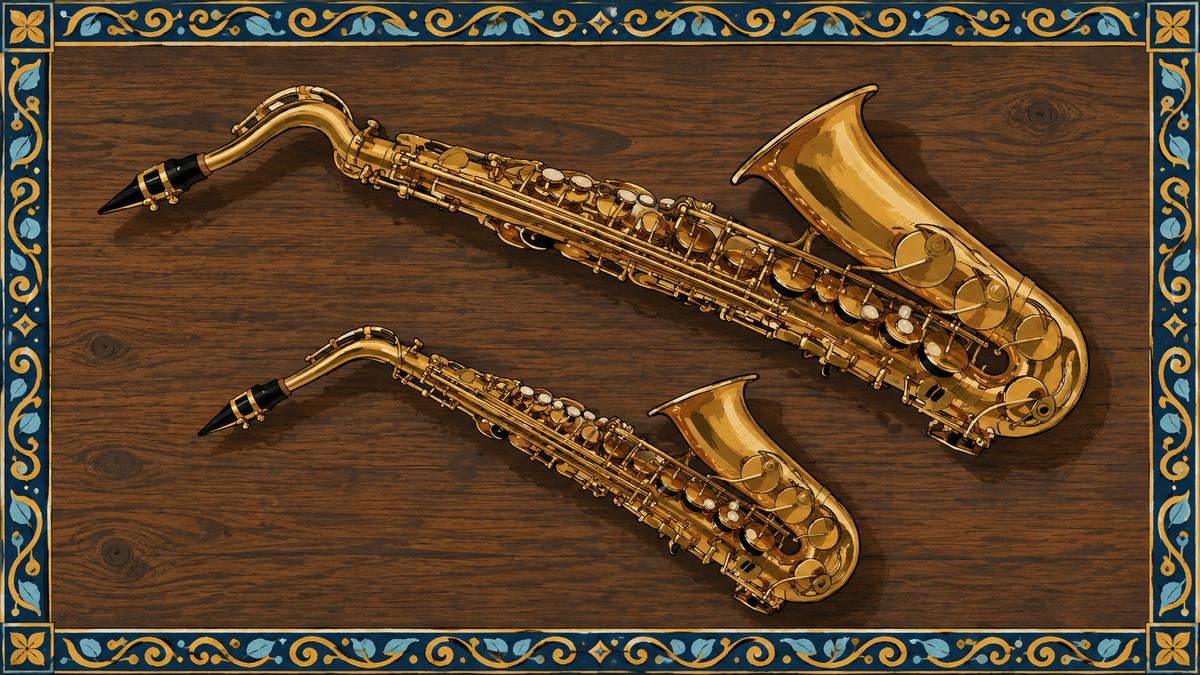 An alto and a larger tenor saxophone lie side by side on a dark wooden table