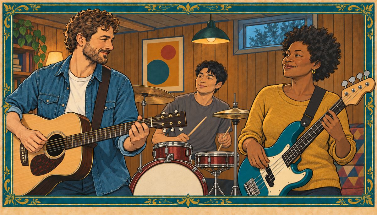 A guitarist turns to listen to his bass player while their drummer plays in a home basement