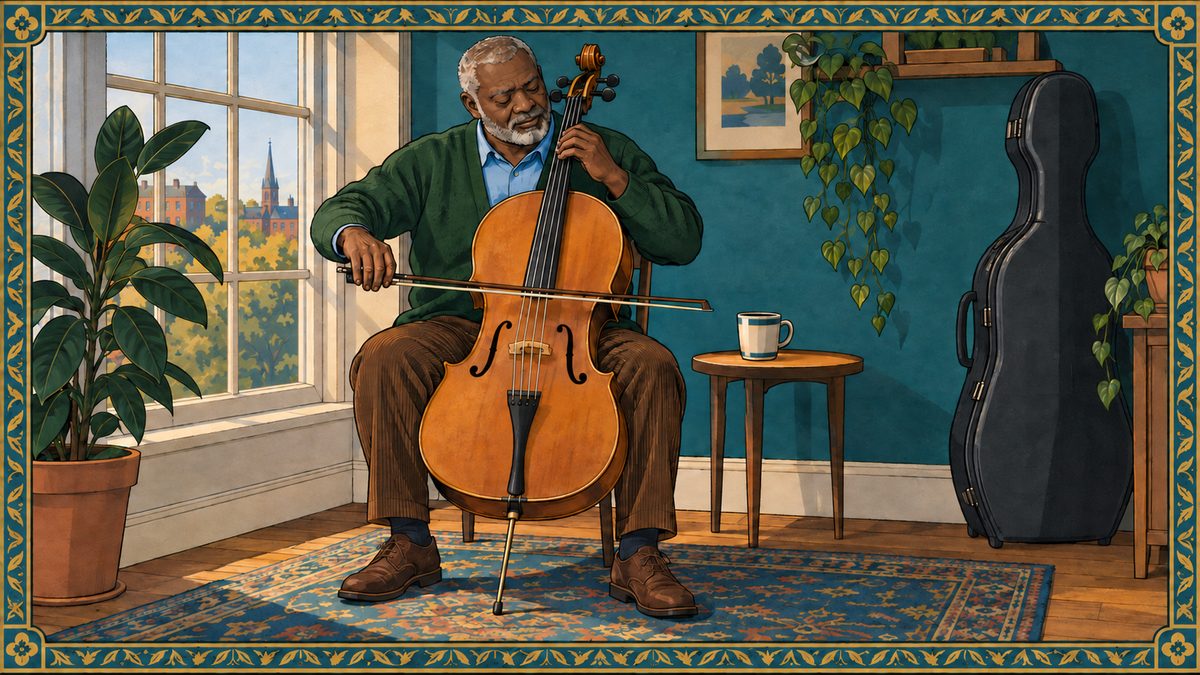 Older cellist in a green cardigan practicing a slow bow stroke by a sunny window at home