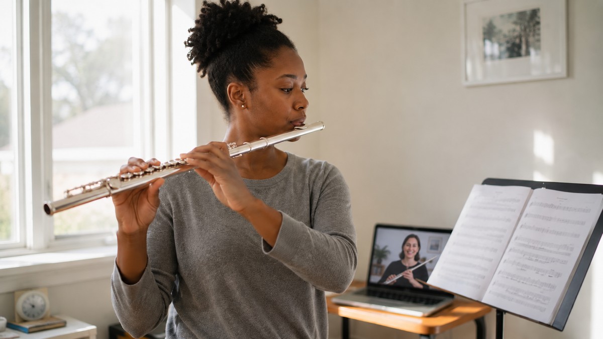 Black woman in her early 30s playing concert flute in her bright home practice space