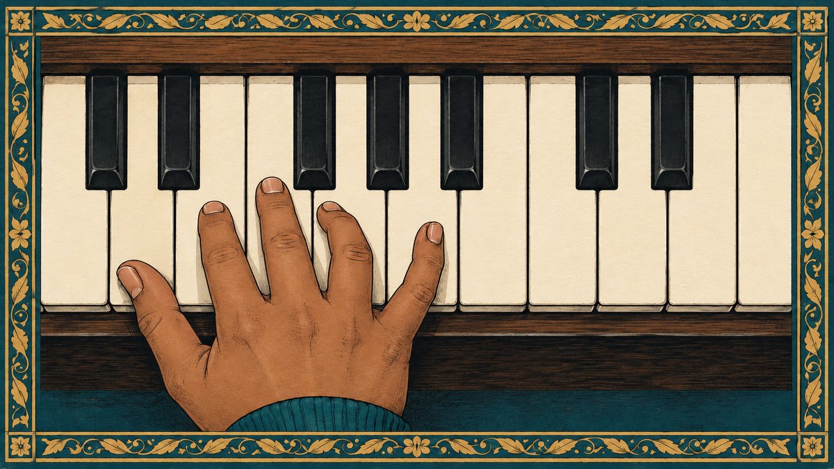 A close view from above of a right hand on the white keys of a piano, shaping a first chord