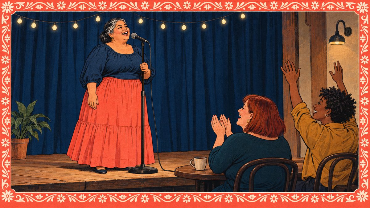 An older woman sings at a cafe open mic night while two friends at a table clap and cheer her on