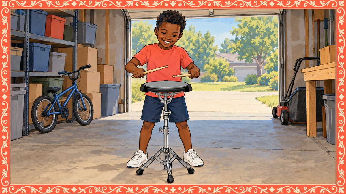 A boy grins at a drum practice pad on its stand in a lived-in family garage