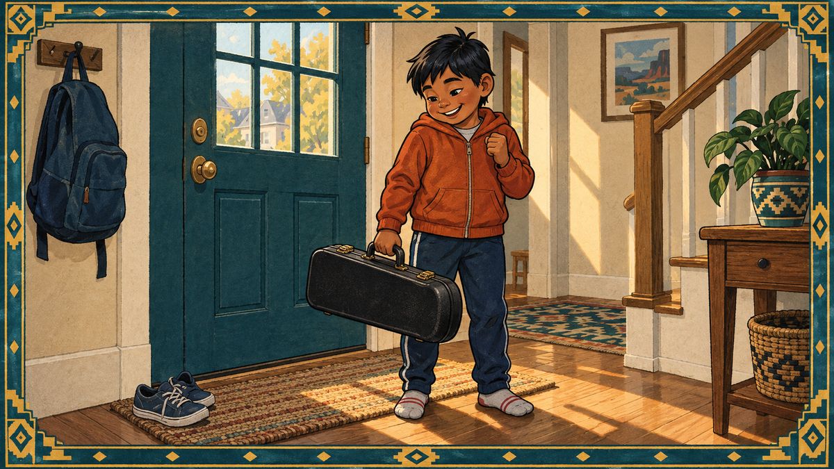 A boy in a sunny front hallway grins at the trumpet case he has just carried home