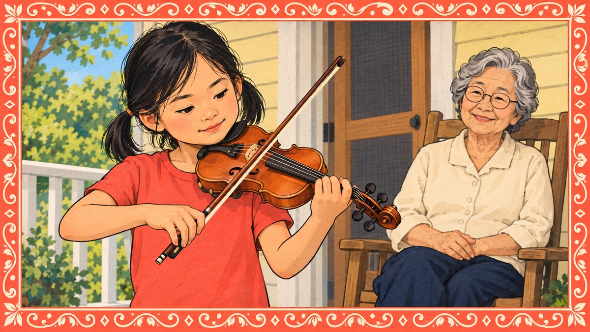 Young girl playing violin on a front porch while her grandmother listens from a rocking chair