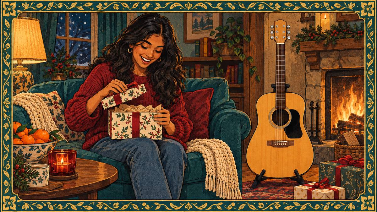 A young woman opens a holiday gift on the sofa, her acoustic guitar on its stand beside her