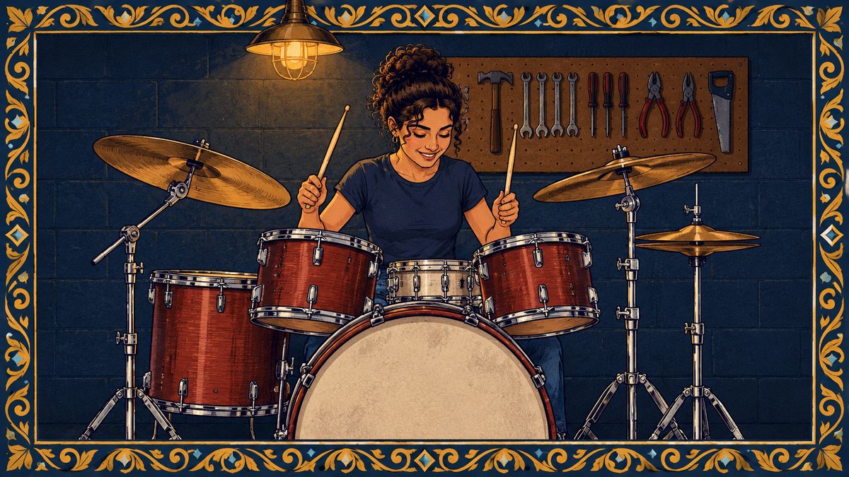 Young woman smiles as she plays a red acoustic drum kit in a garage at night