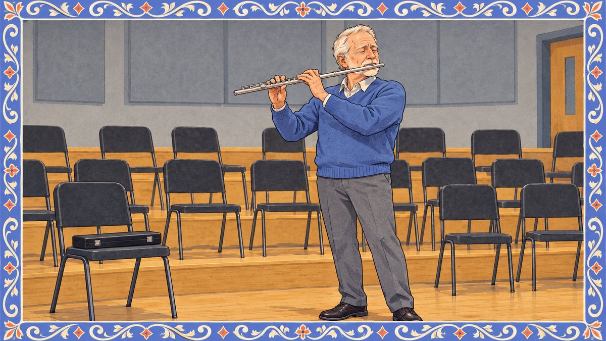 Older man in a blue sweater plays the flute alone in an empty school band room