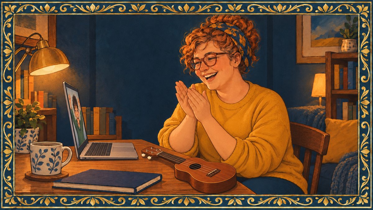 Ukulele teacher claps with delight as her student celebrates on a laptop video call