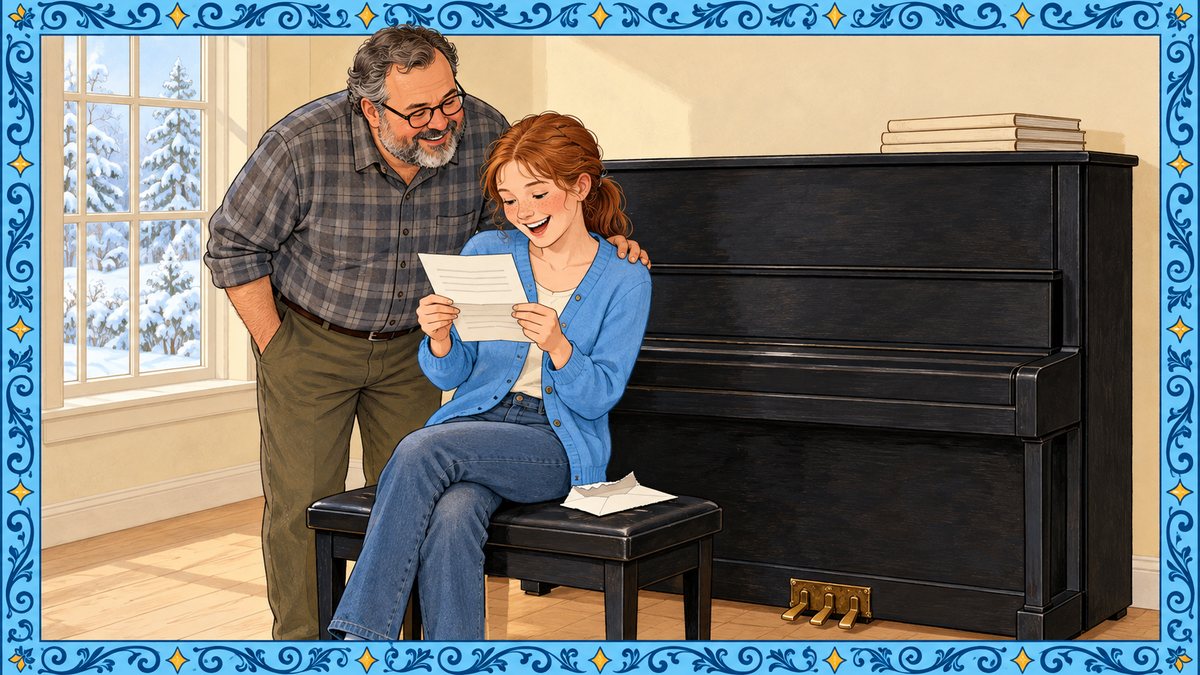 Teen pianist on her piano bench reads a scholarship letter as her father leans in