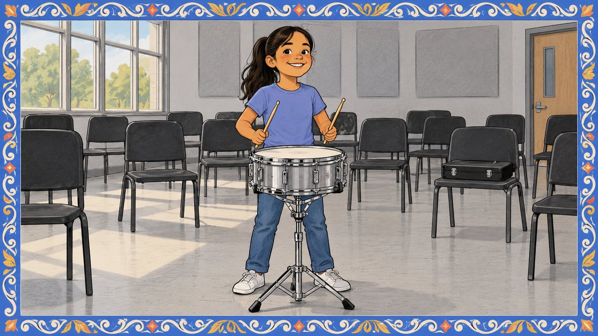 A smiling girl holds drumsticks ready over a snare drum in an empty school band room
