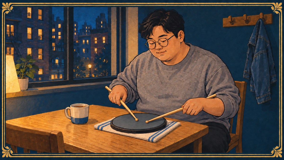 A young man practices drums quietly on a rubber pad on his dining table at night