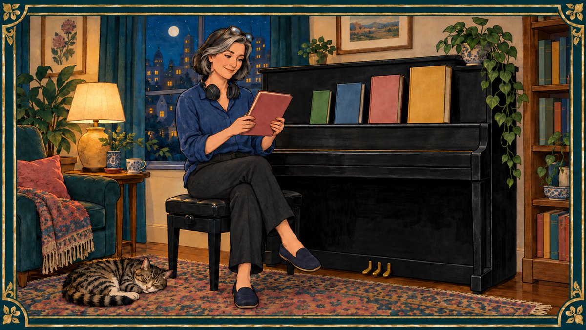 Illustration of a woman at her upright piano choosing among songbooks lined up easiest to hardest