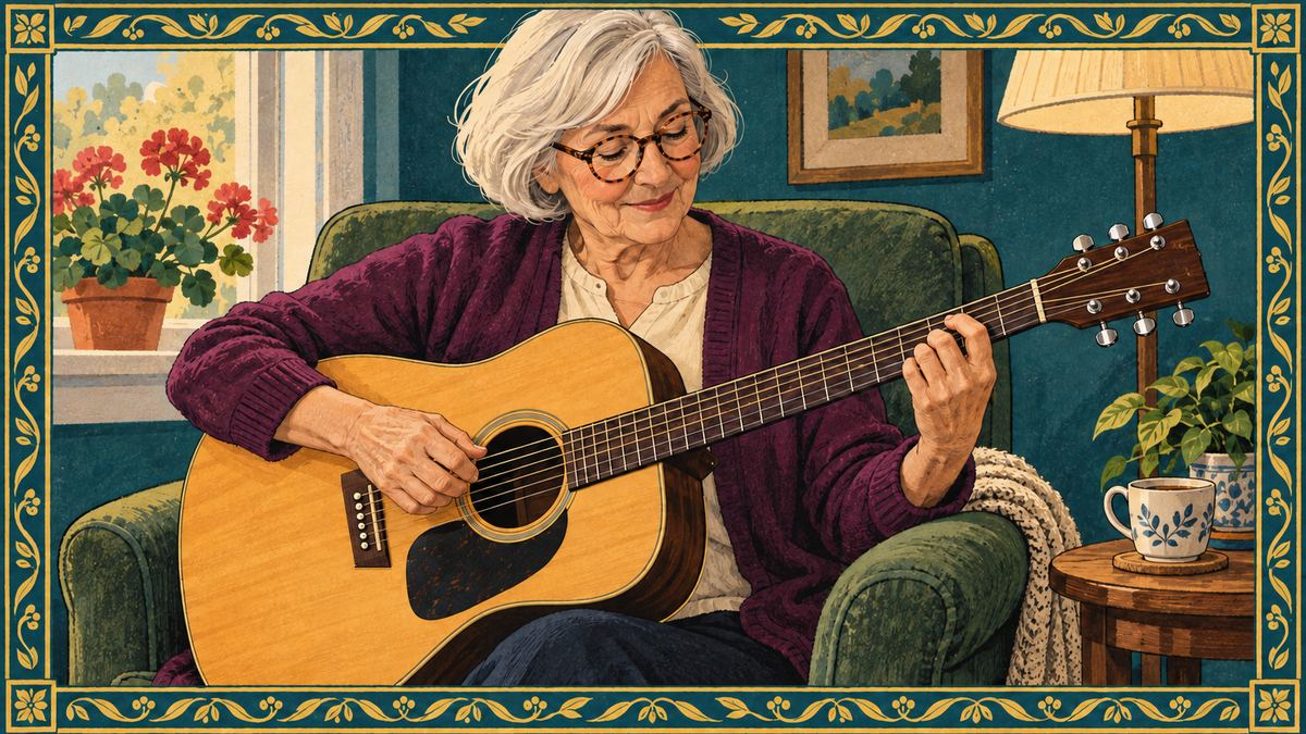 An older woman in a plum cardigan fingerpicks an acoustic guitar in her armchair by the window