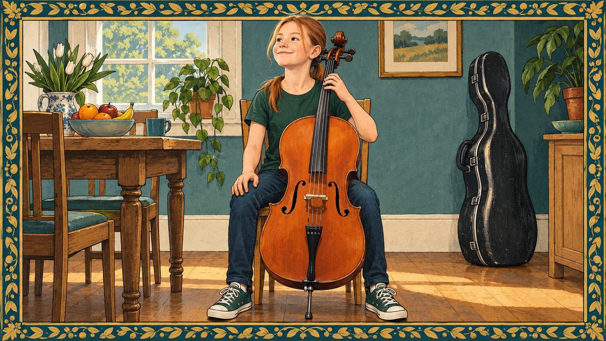 A girl tries her new rental cello for size at home, its endpin on the floor, the case nearby