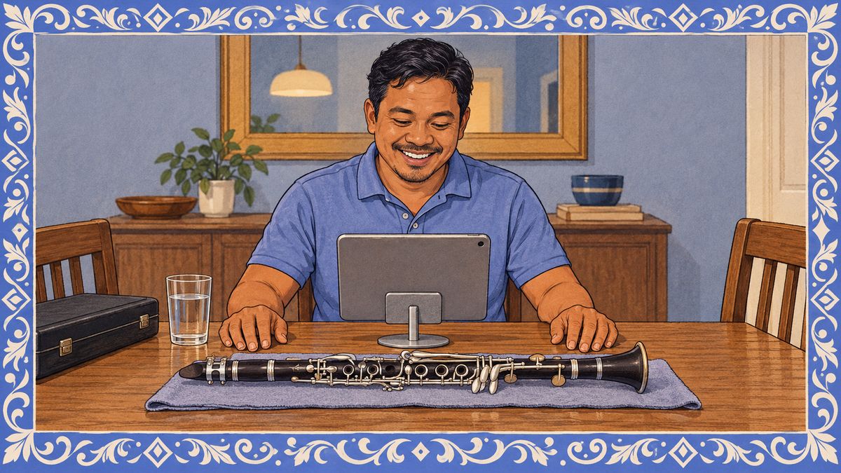 A man laughs with his teacher on a tablet at his dining table, his new clarinet lying on the table