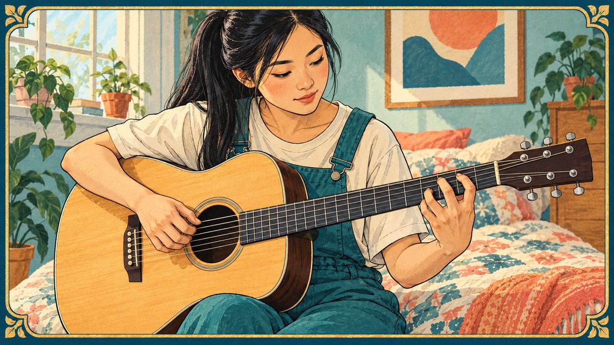 A young woman on her bed frets a chord on her acoustic guitar, fingertips arched on the strings
