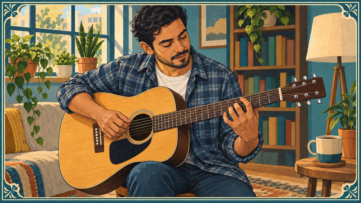 A man practices a scale on his acoustic guitar at home, his eyes on his fretting hand