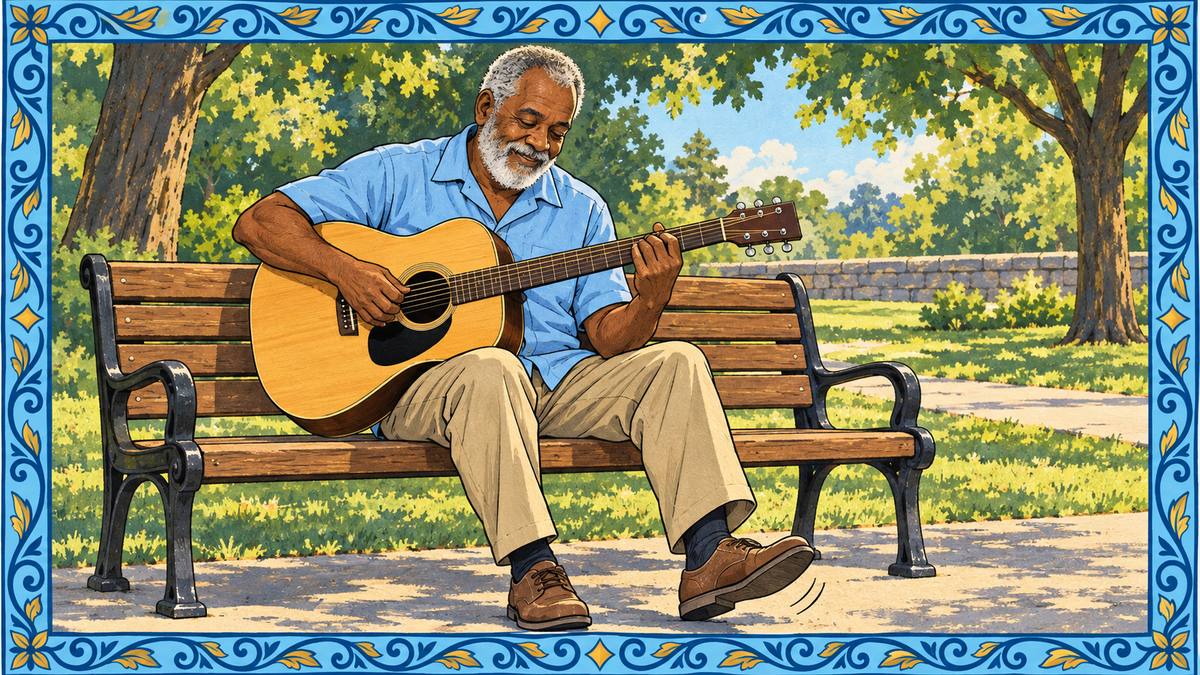 An older man strums an acoustic guitar on a park bench, tapping his foot in time