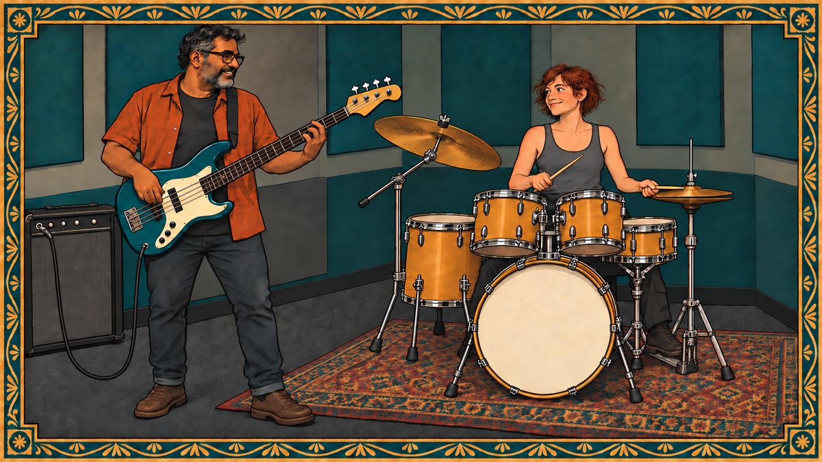A bassist in a small rehearsal room turns toward the drummer as they play a groove together