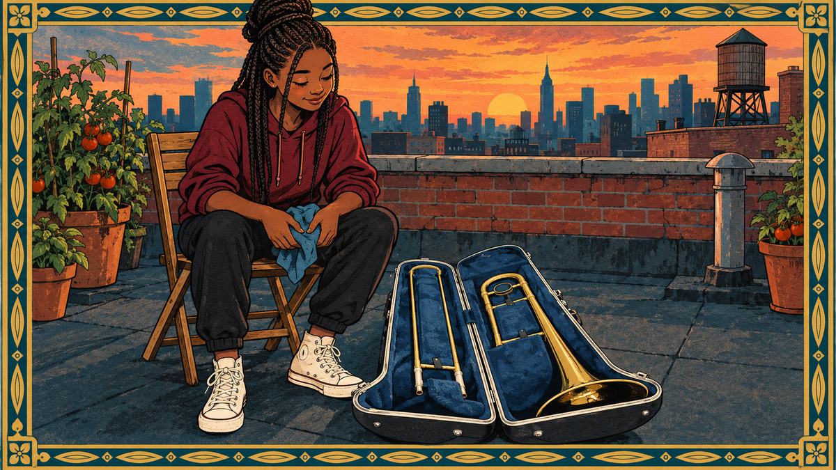 A teenage girl on a city rooftop at sunset sits beside her trombone resting in its open case