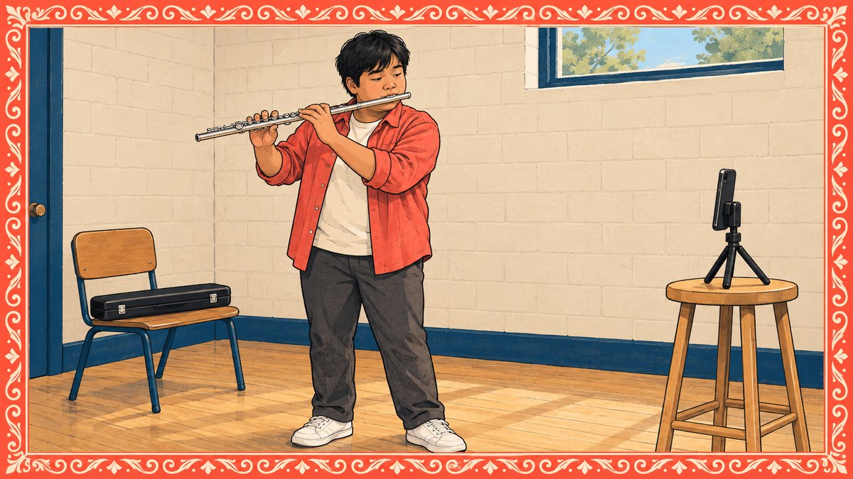 A teenage flutist holds a long note in a school practice room while a phone on a tripod records him