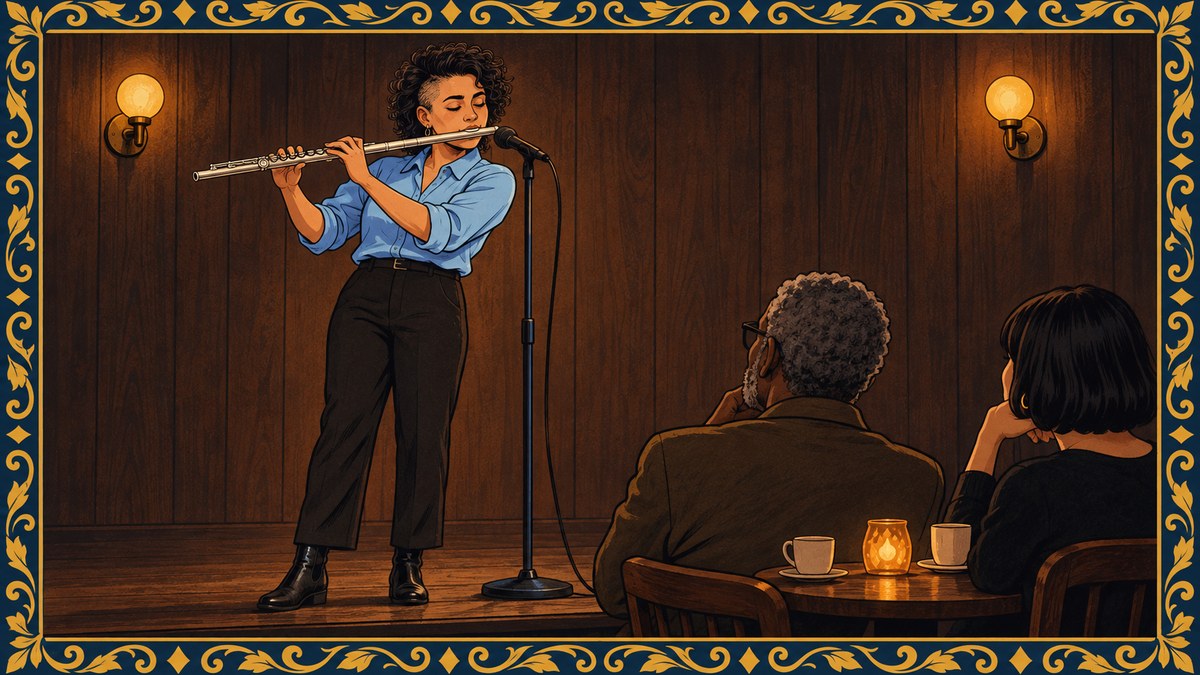 A flutist improvises a jazz solo at a microphone on a small cafe stage as two listeners enjoy it