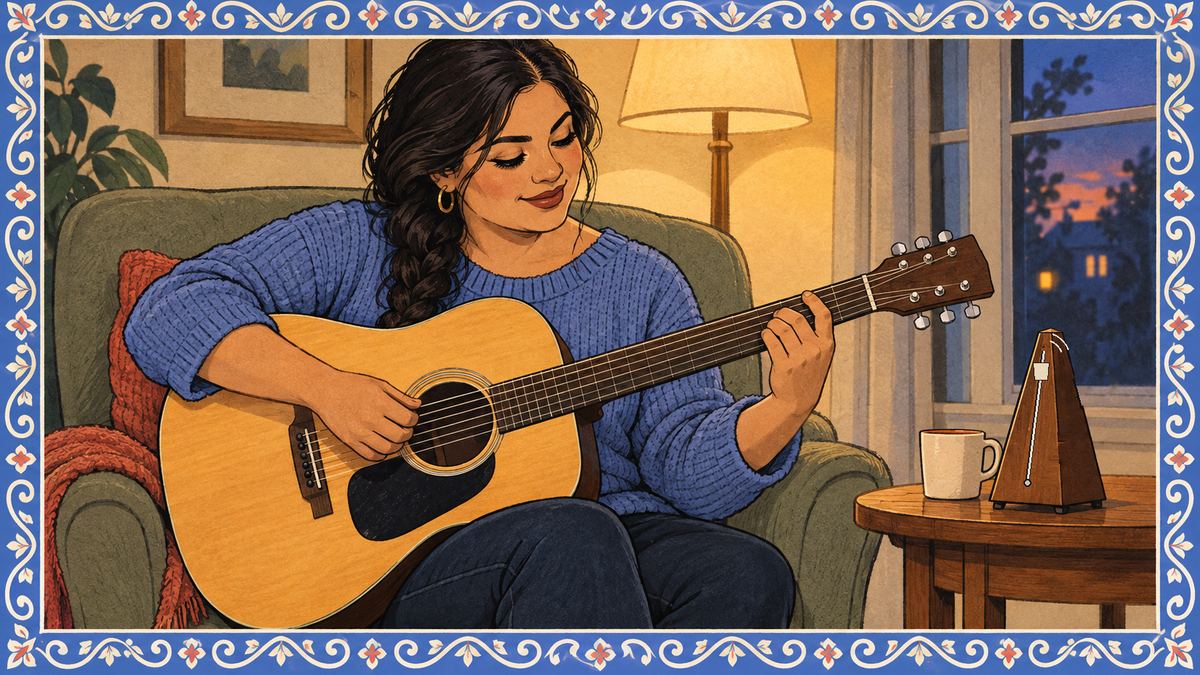 A woman strums an acoustic guitar in an armchair beside a ticking wooden metronome