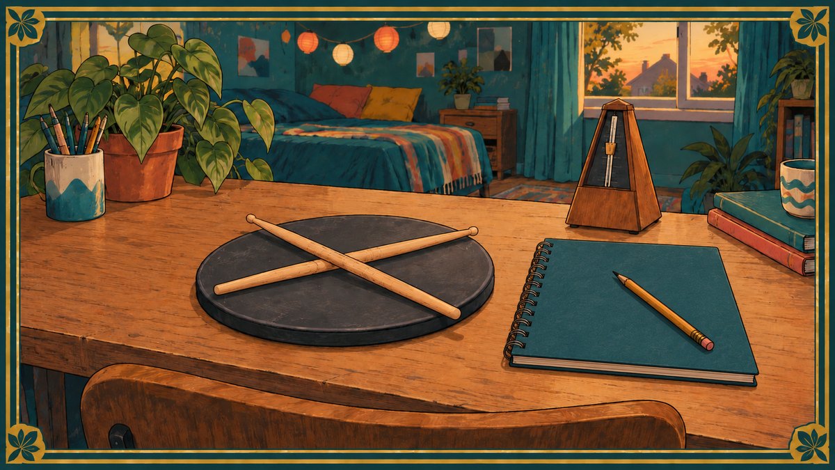 Illustration of a drummer's desk with a practice pad, crossed sticks, metronome and notebook