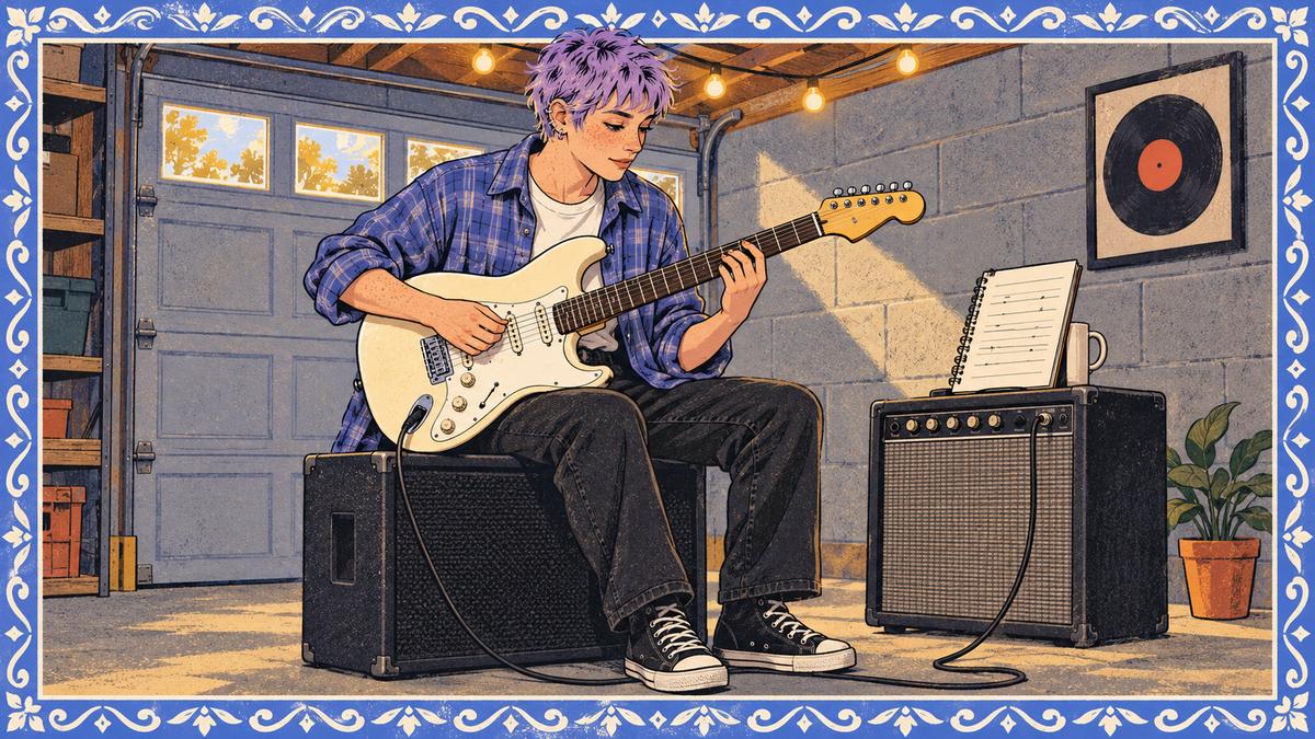 Young guitarist on an amp in a garage works through a guitar tab in an open notebook