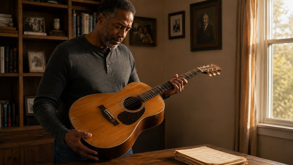 Adult learner reflecting over an old acoustic guitar after years away from music