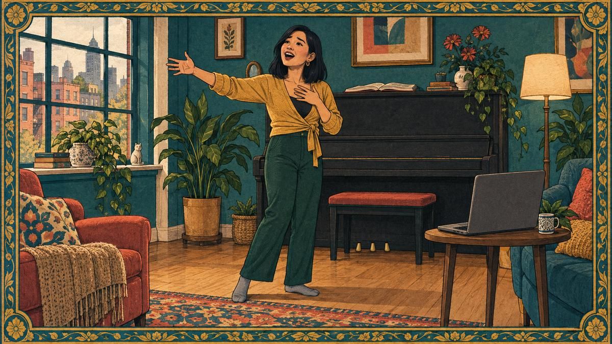 A woman sings a show tune in her living room, one arm reaching out, during an online voice lesson
