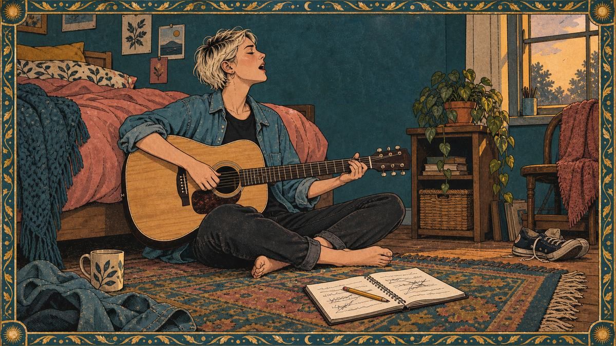 A songwriter with an acoustic guitar and a notebook of crossed-out lines, working out a melody
