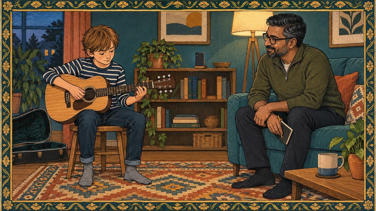 A boy plays a small acoustic guitar at home while his father listens and a phone on a shelf records