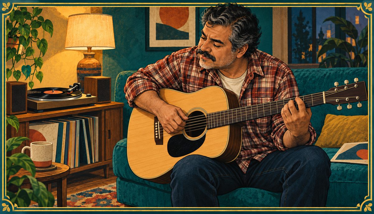 A guitarist on a sofa listens closely to a record on a turntable, working out the song