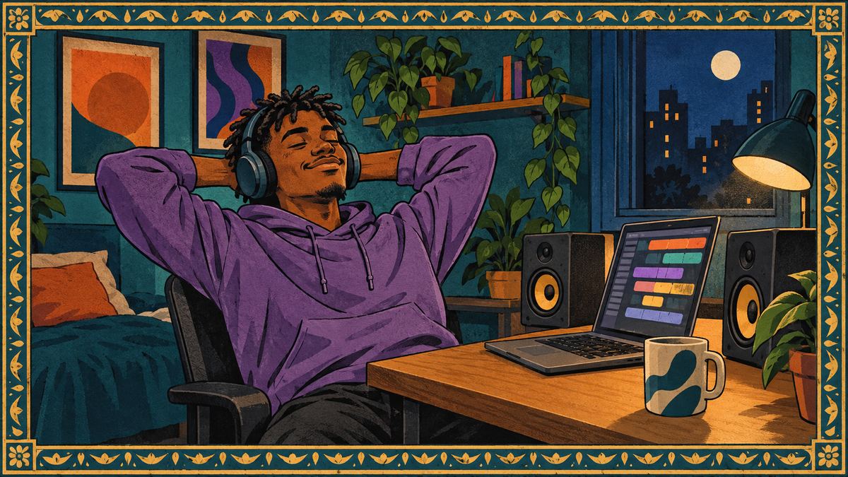 A young man in a purple hoodie leans back with headphones on, listening to the track on his laptop
