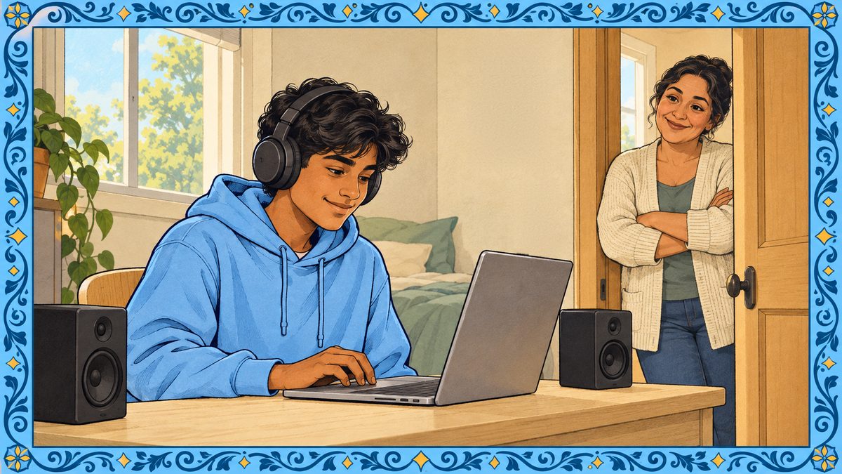 A teen makes a track at a laptop between desk speakers as a parent smiles from the door