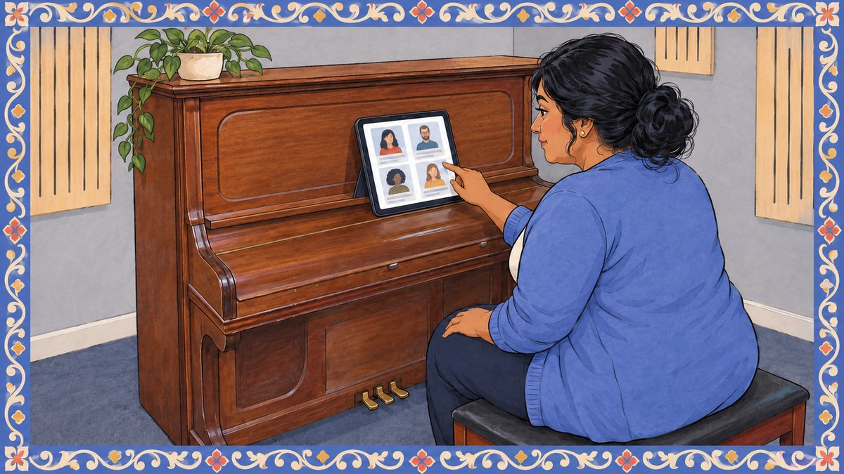 Woman at a closed upright piano compares piano teacher profiles on a tablet in a practice room